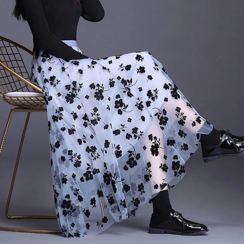 Floral Loose Midi Skirt Elegant Mesh Skirts