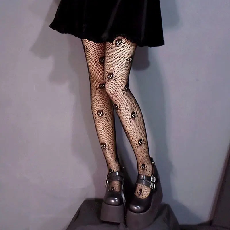 Retro Gothic Lolita Cross Print Socks Fishnet