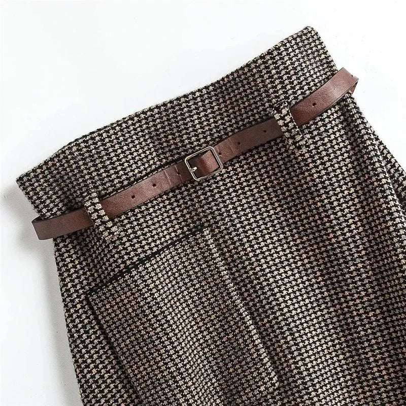 Vintage Plaid Knitted Woolen Midi Skirts