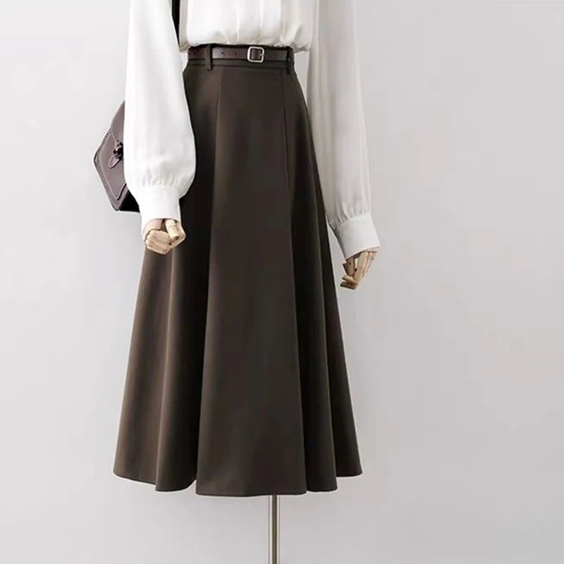 Vintage Belt Woolen Midi Skirt