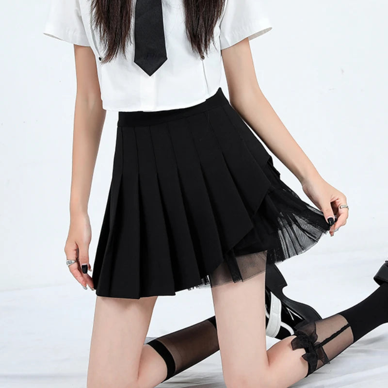 Korean Style Holiday Outfits With Mesh White Mini Pleated Skirts