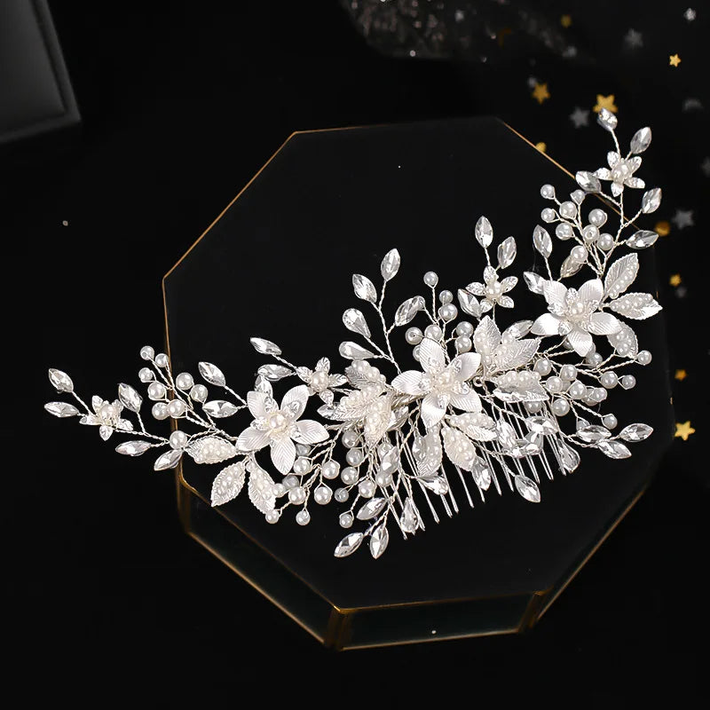 Silver Color Flower Pearl Crystal Wedding Hair Comb