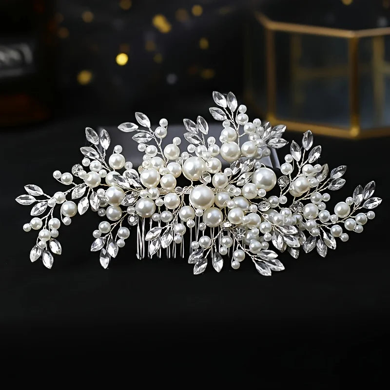 Silver Color Flower Pearl Crystal Wedding Hair Comb