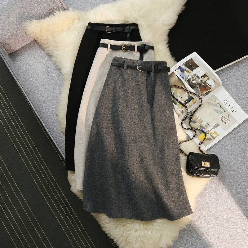 Vintage Woolen Midi Skirt Women