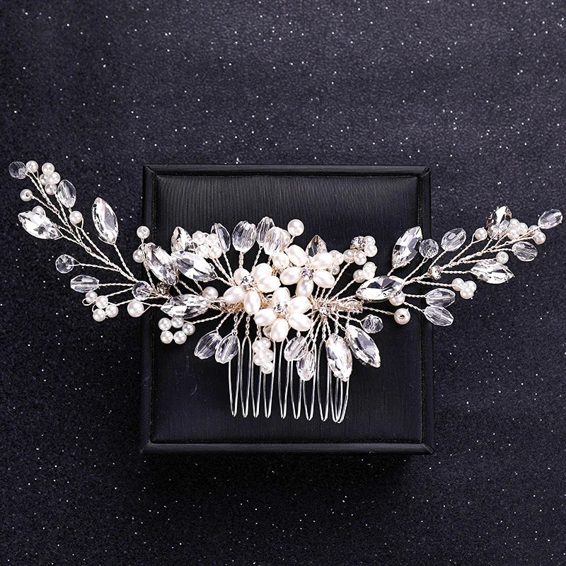 Silver Color Flower Pearl Crystal Wedding Hair Comb