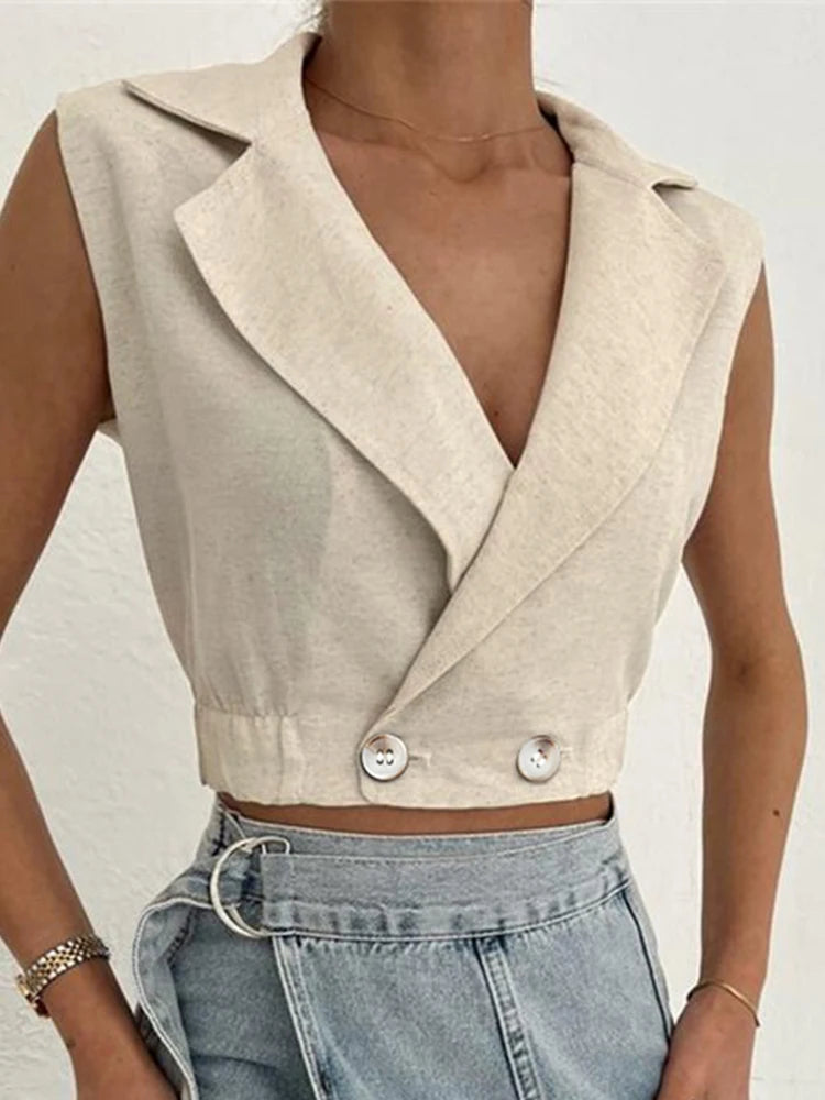 Khaki Linen Tank Tops Sleeveless V-neck Vest Crop