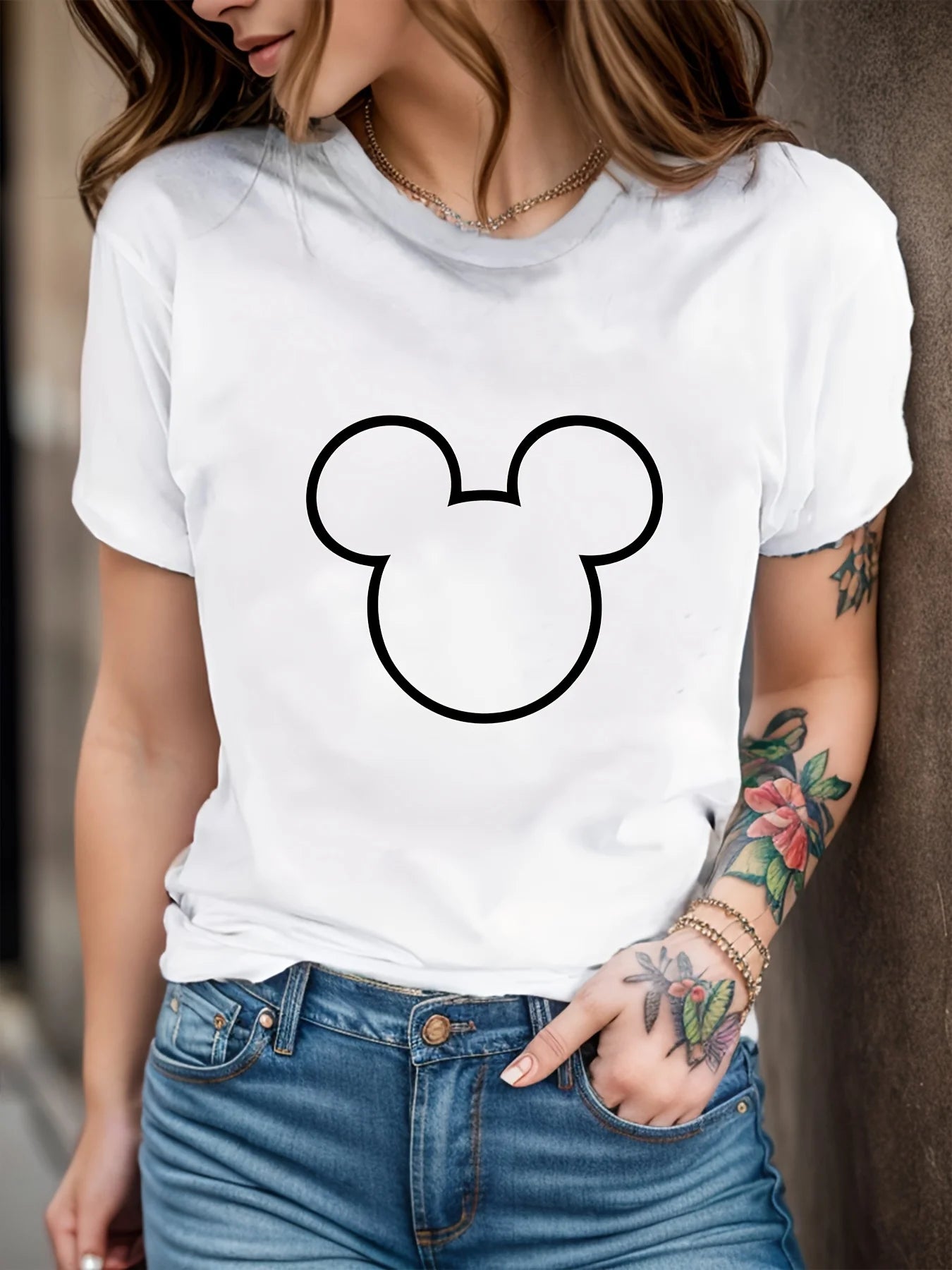 Cartoon Mouse Graphic Crew Neck Short Sleeves T-shirt