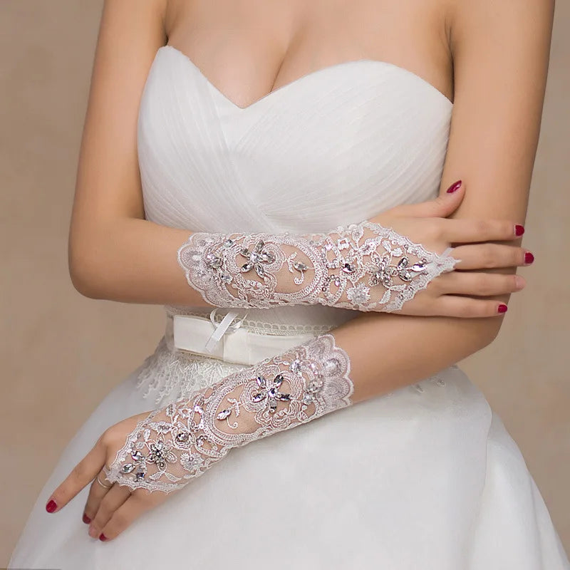 1 Pair White/Red/Beige Bridal Gloves Wedding Accessories