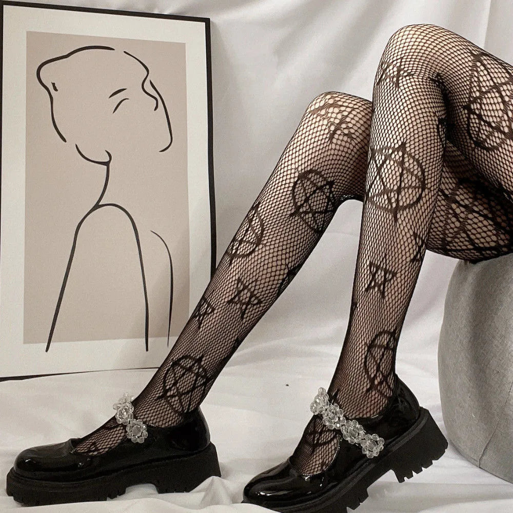 Retro Gothic Lolita Cross Print Socks Fishnet