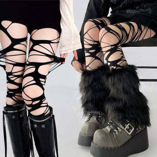 Fashion Punk Torn Strap Holes Tights
