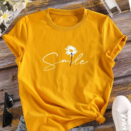 Flower & Letter Print Crew Neck T-Shirt