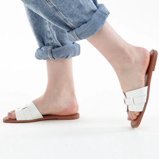 Square Toe Flat Slippers Women Wide Fit Leather Slides