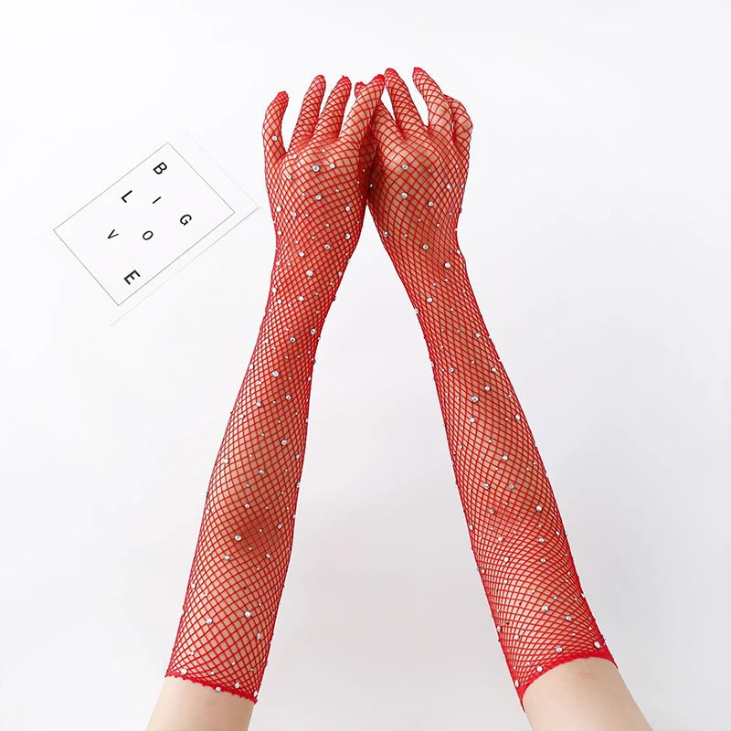 Sexy Elastic Rhinestones Mesh Gloves
