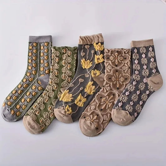 3D Floral Textured Socks, Retro Court Style