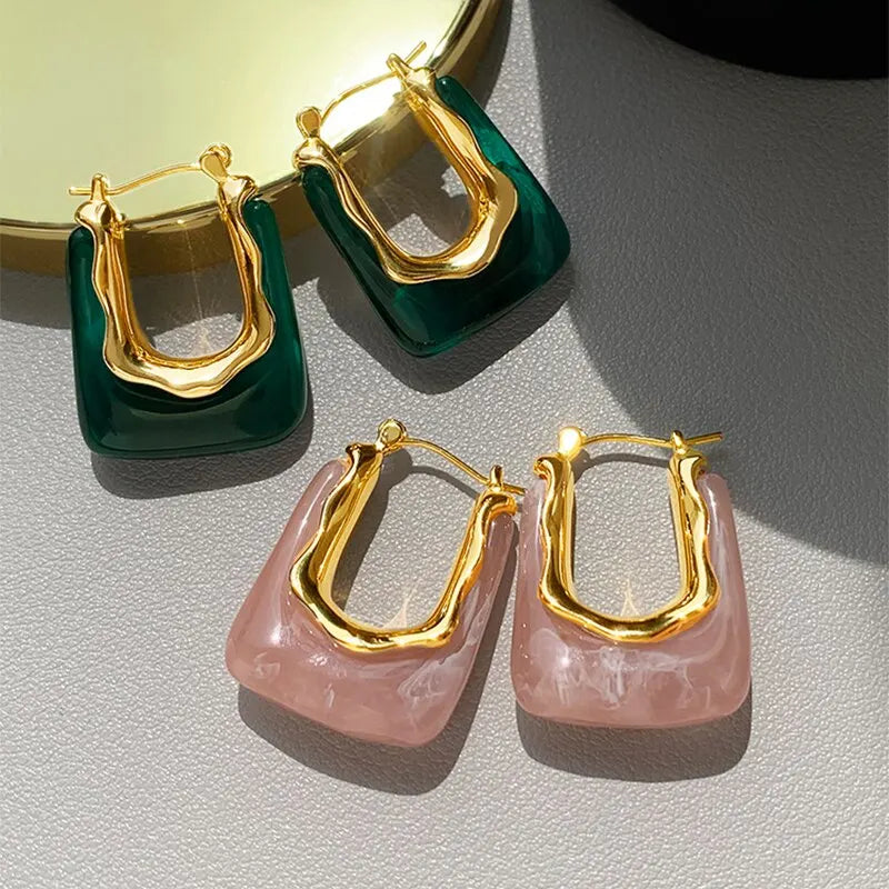 Green Pink Transparent Resin Earrings
