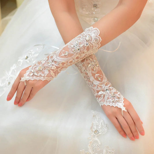 1 Pair White/Red/Beige Bridal Gloves Wedding Accessories