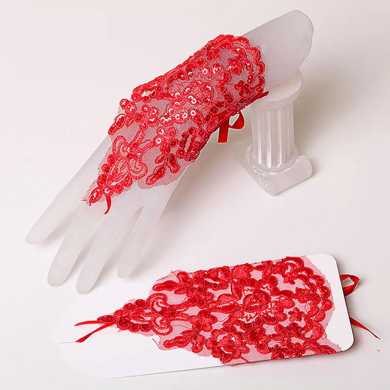 1 Pair White/Red/Beige Bridal Gloves Wedding Accessories