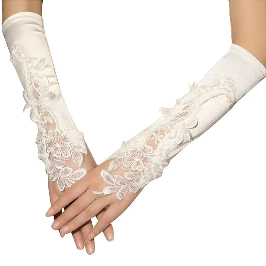 Elbow Length Embellished Bridal Ivory Fingerless gloves