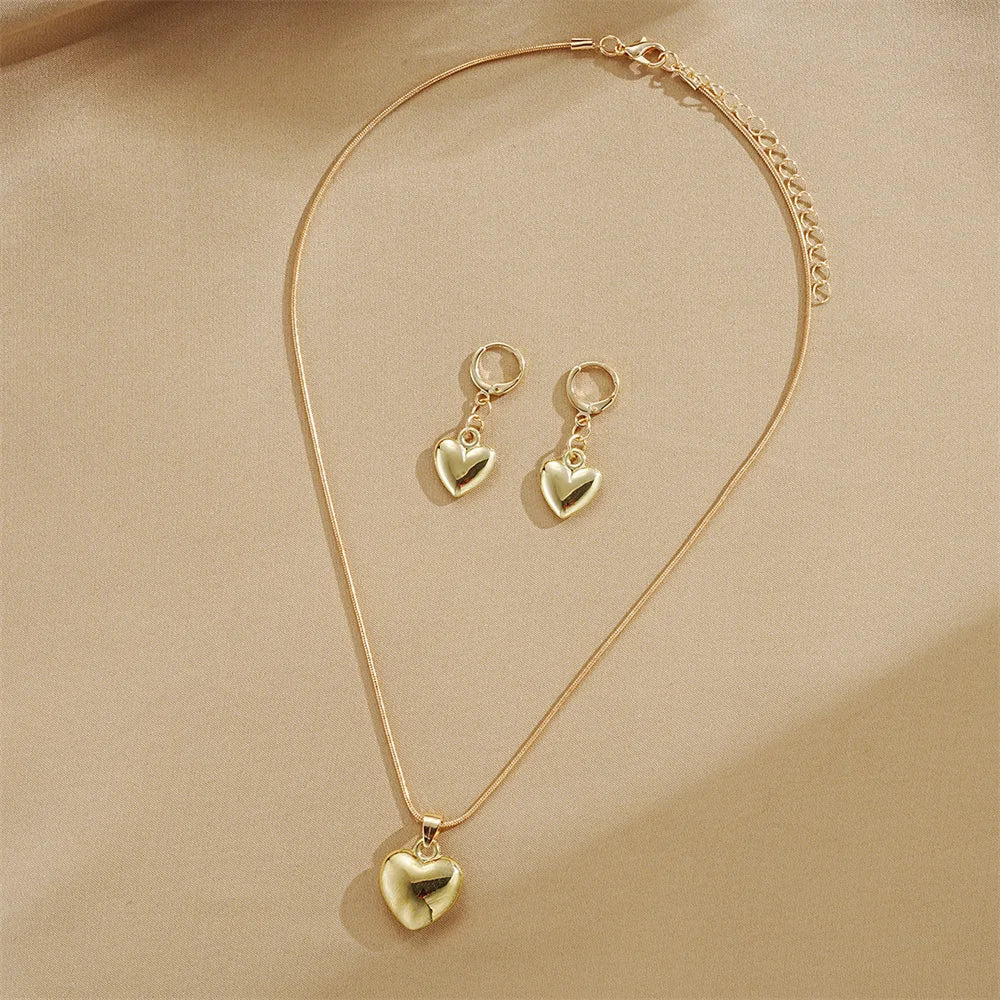 Glossy Gold Plated Metal Love Heart Dangle Earrings Necklace