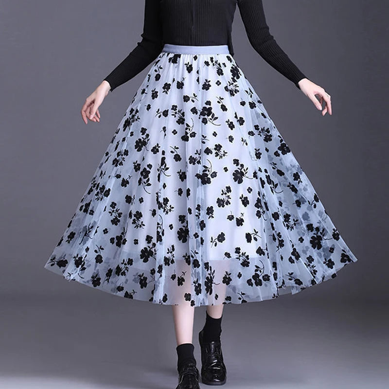 Floral Loose Midi Skirt Elegant Mesh Skirts