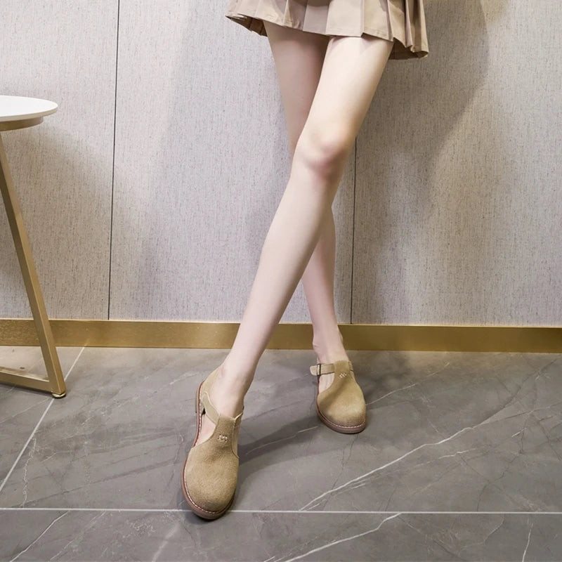 Flat-soled retro frosted genuine leather sandal