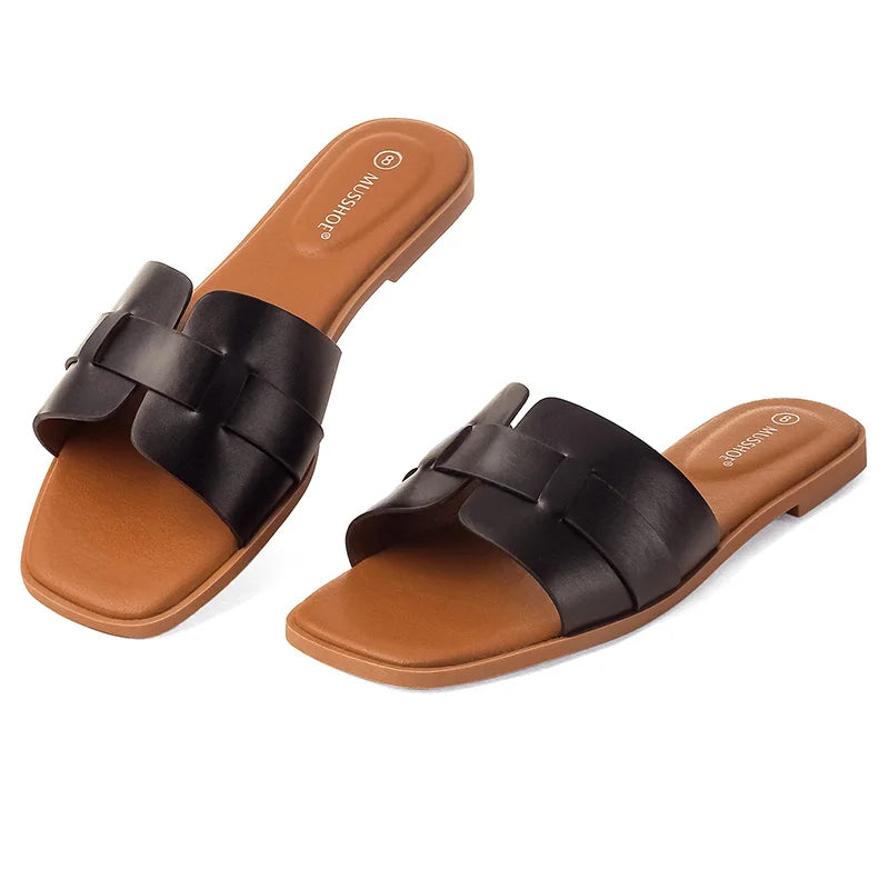 Square Toe Flat Slippers Women Wide Fit Leather Slides