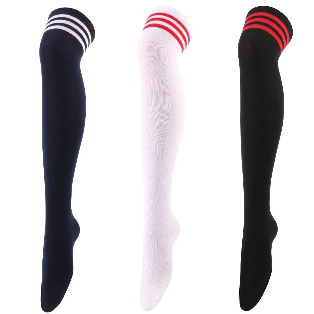 Striped Trim Thigh High Socks