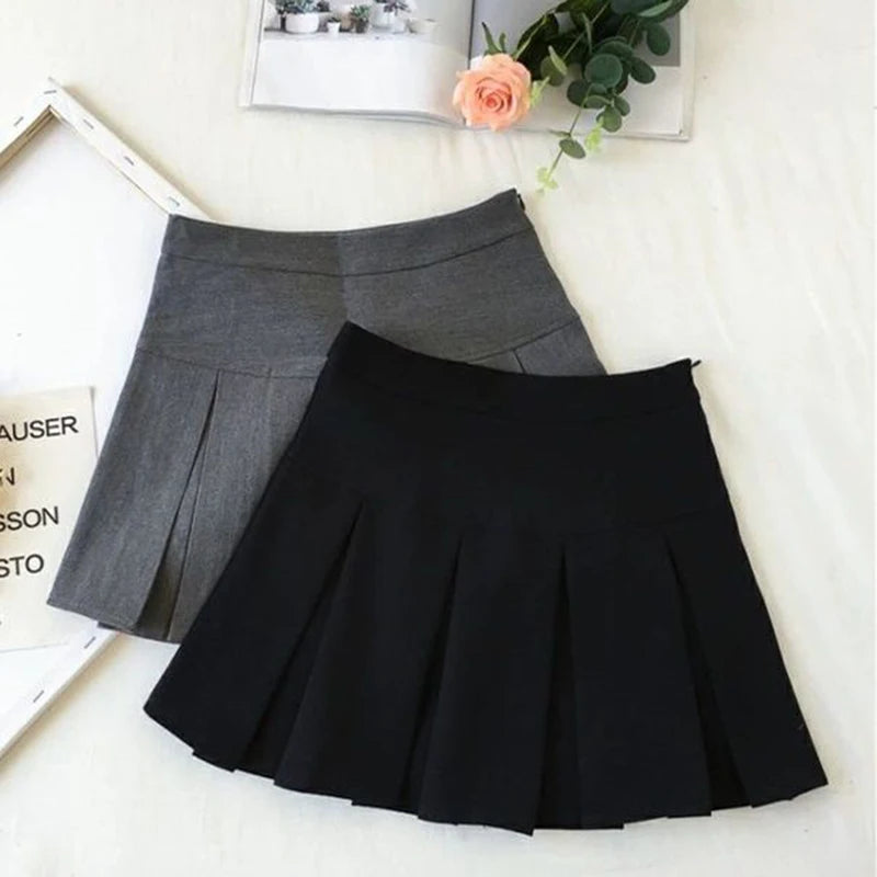 High Waist Zipper Grey Student Mini Skirt