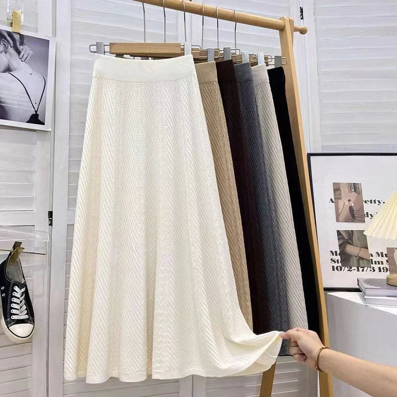 Vintage Knitted Midi Skirt Women Korean High Waist
