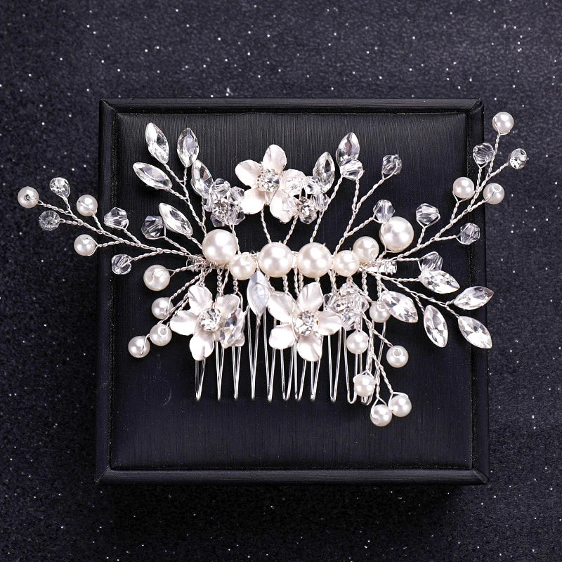 Silver Color Flower Pearl Crystal Wedding Hair Comb