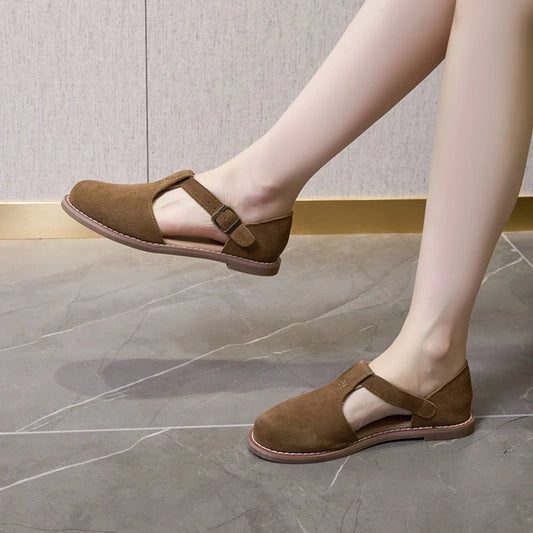 Flat-soled retro frosted genuine leather sandal
