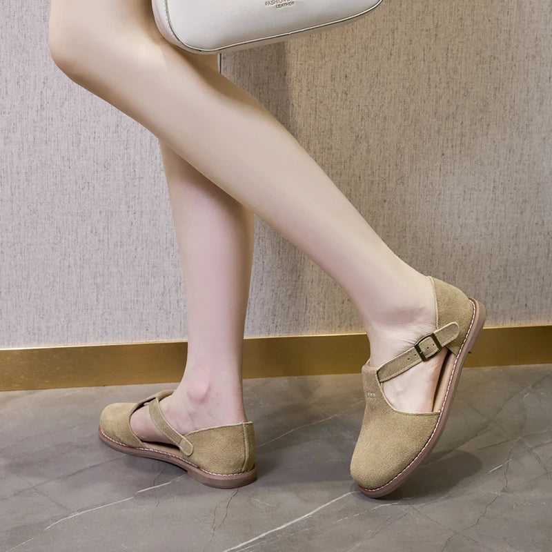 Flat-soled retro frosted genuine leather sandal