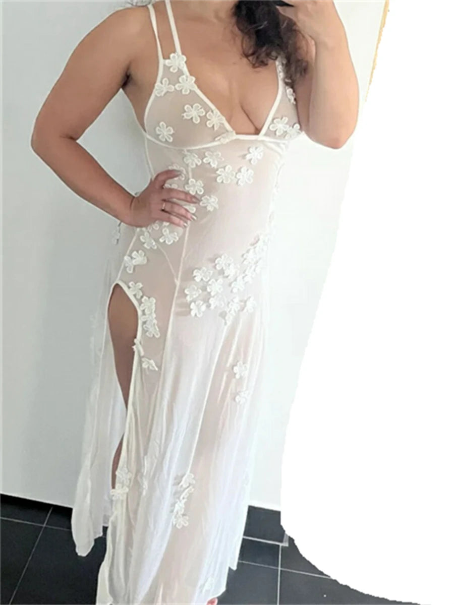 3D Flower Sheer Mesh Long Dress