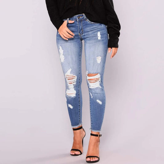 Women'S Stretchy Ripped Hole Trousers Slim Jeans Butt Lifting