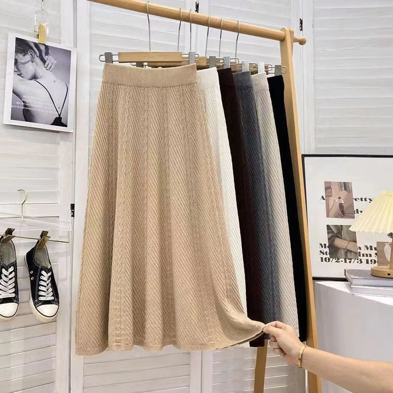 Vintage Knitted Midi Skirt Women Korean High Waist