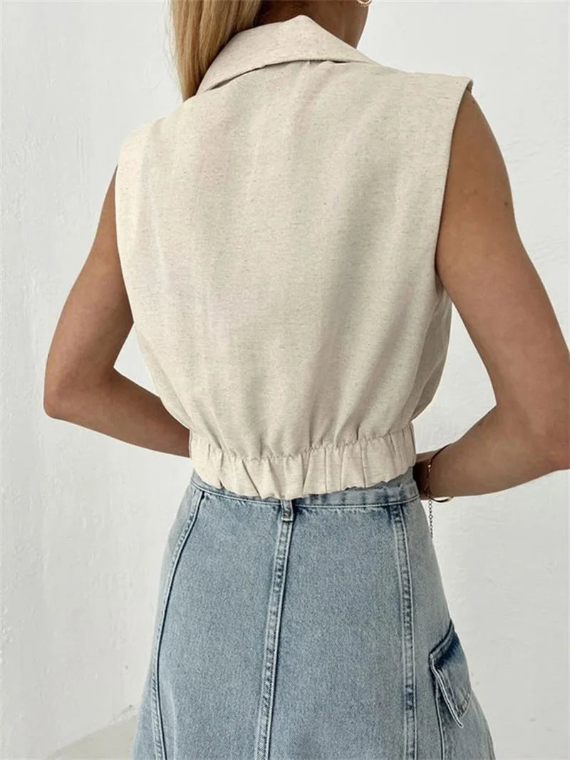 Khaki Linen Tank Tops Sleeveless V-neck Vest Crop